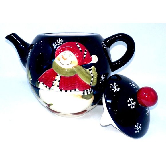 Wongs Ceramic Teapot For One Navy Snowman Snowflakes Pine Trees 3 Pc 20 oz 2006 - Picture 7 of 14